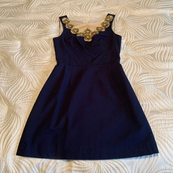 navy and gold lilly pulitzer dress TRINI VISCOSE SHIFT, TRUE NAVY
